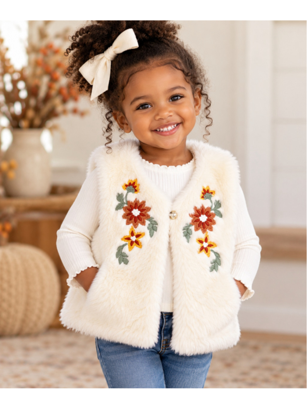 Little Lass Girls 3T Ivory Faux Fur Floral Embroidered Vest Boho
